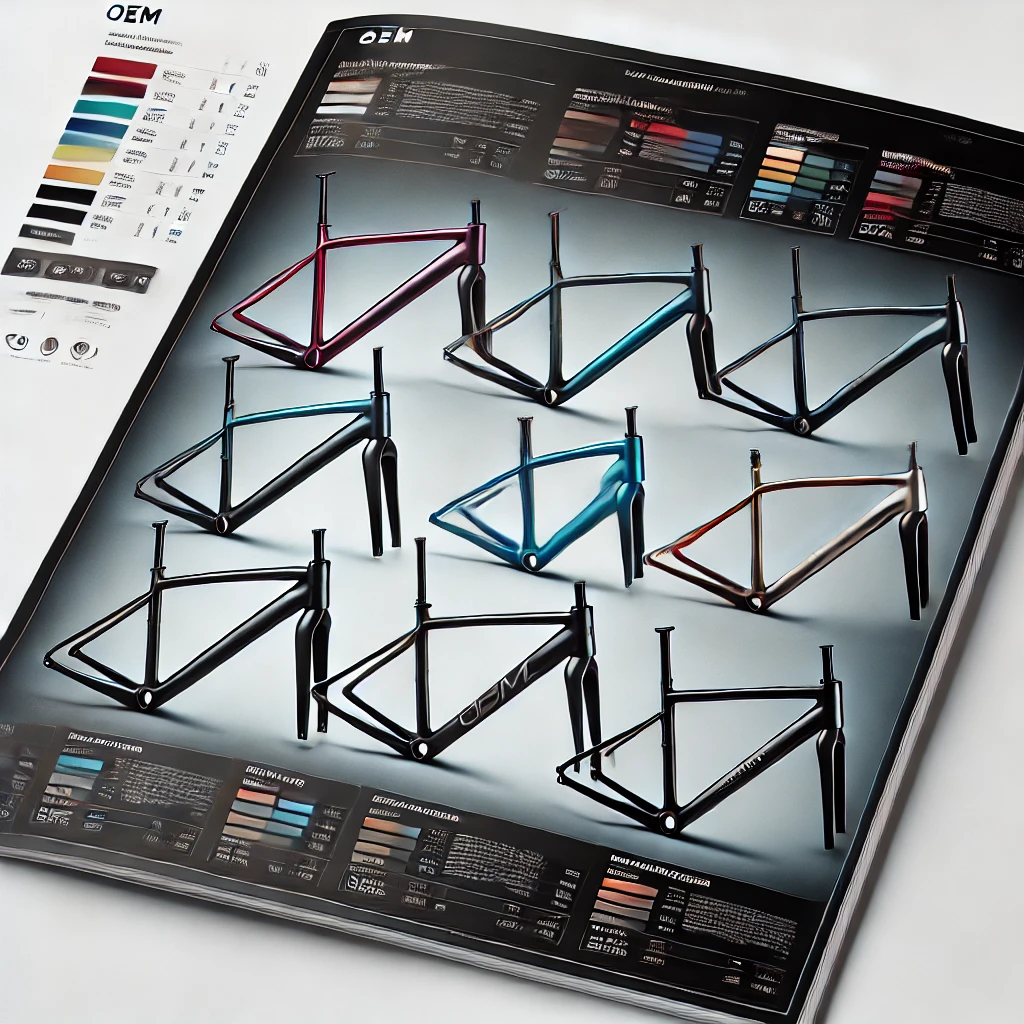 DALL·E 2025 03 03 16.27.16 A professional catalog page displaying OEM bicycle frames. The layout is clean and modern featuring high quality images of various frame models in di