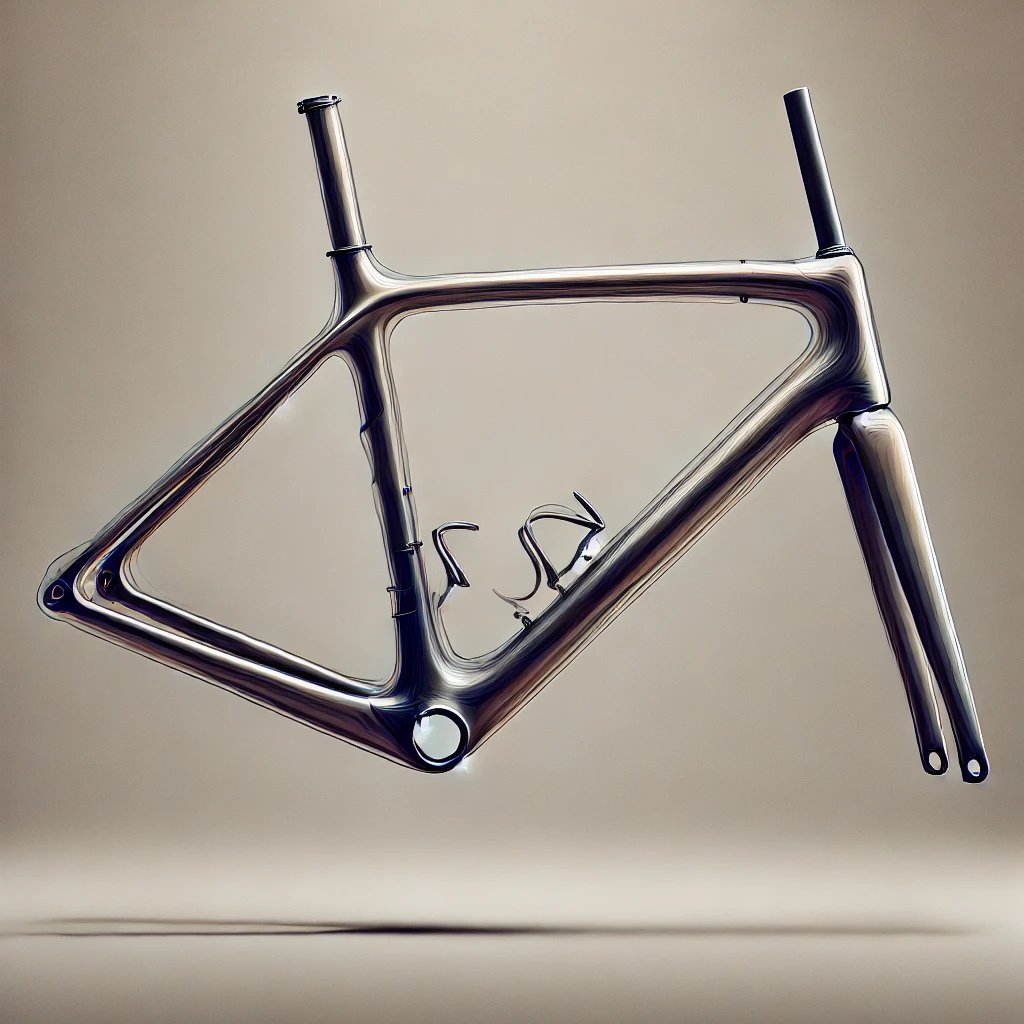 DALL·E 2025 03 03 16.54.30 A road bicycle frame without branding visually demonstrating low responsiveness and flexibility. The frame appears slightly bent or deformed under pr